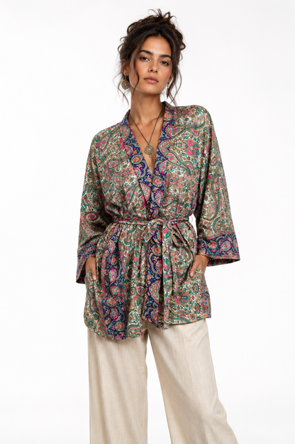 Kabira Royal Paisley Satin Silk Kimono Top