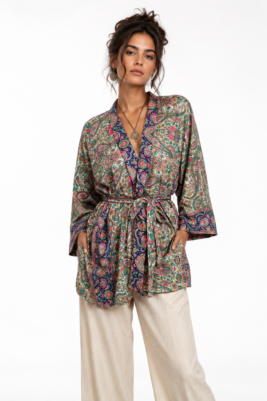Kabira Royal Paisley Satin Silk Kimono Top