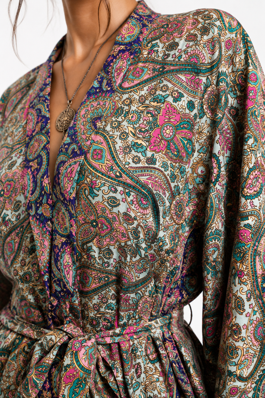 Kabira Royal Paisley Satin Silk Kimono Top
