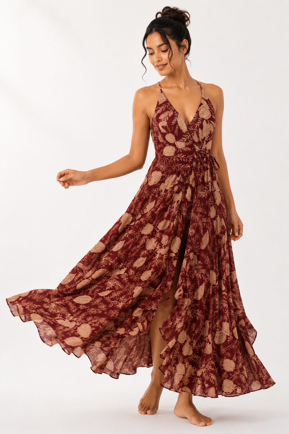Kabira Rust Bloom Wrap Maxi Dress