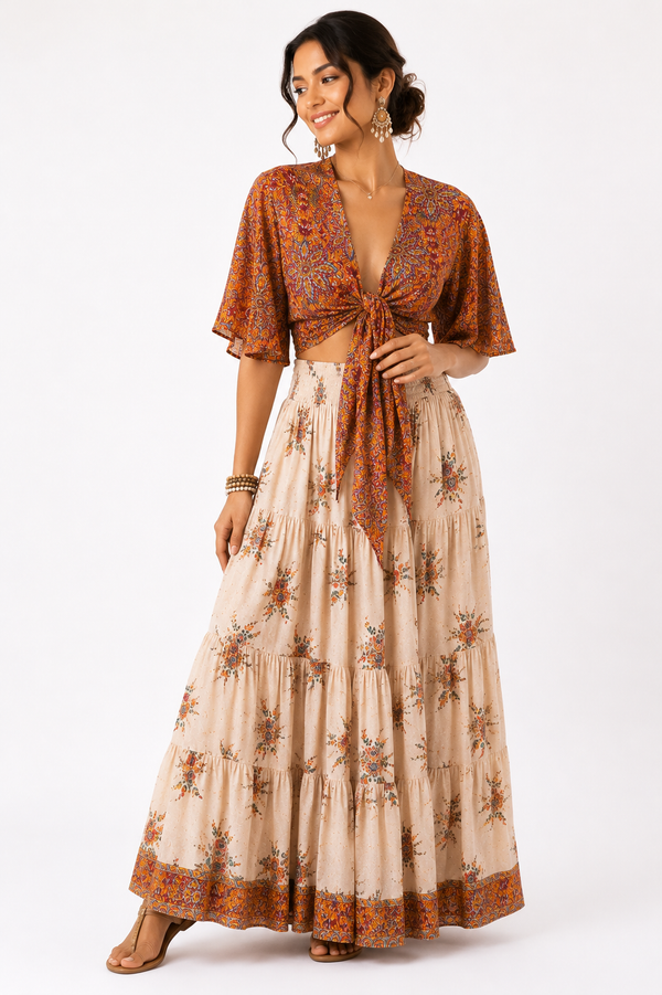 Boho Floral Tie-Front Top