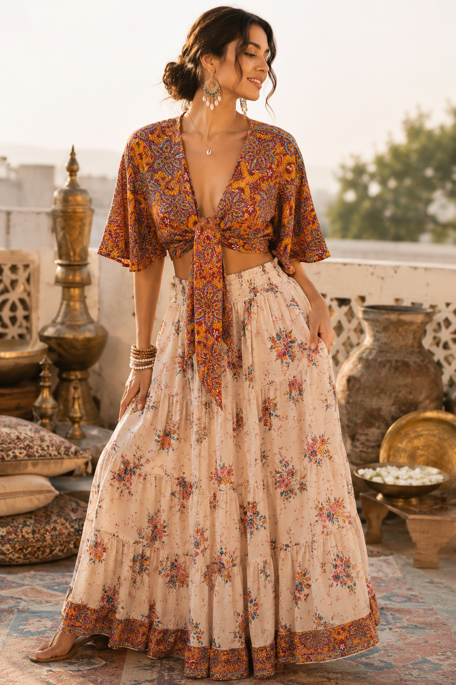 Boho Floral Tie-Front Top