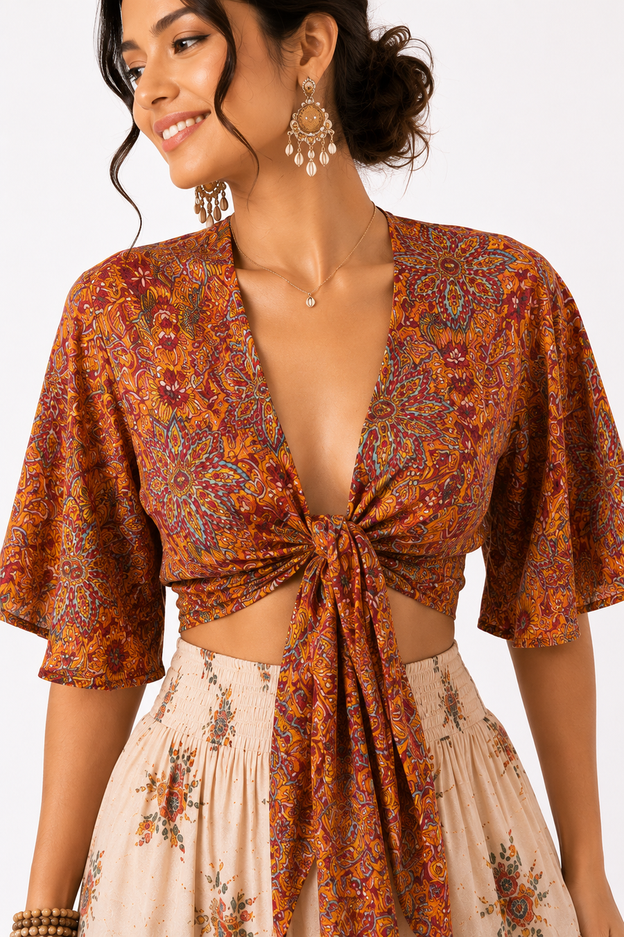 Boho Floral Tie-Front Top