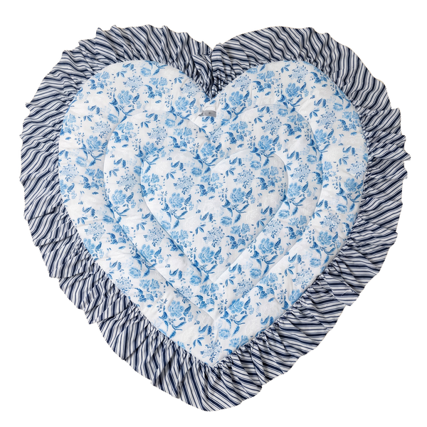 Little Bloom Heart Quilted Baby Mat, blue floral print, studio shot