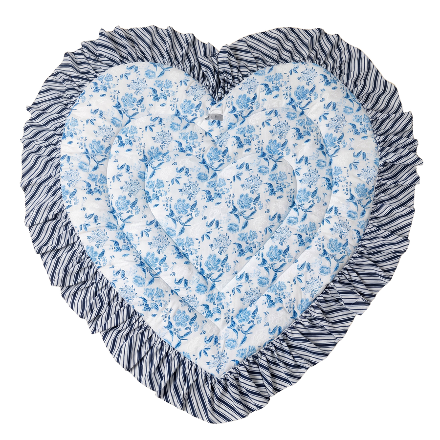 Little Bloom Heart Quilted Baby Mat, blue floral print, studio shot