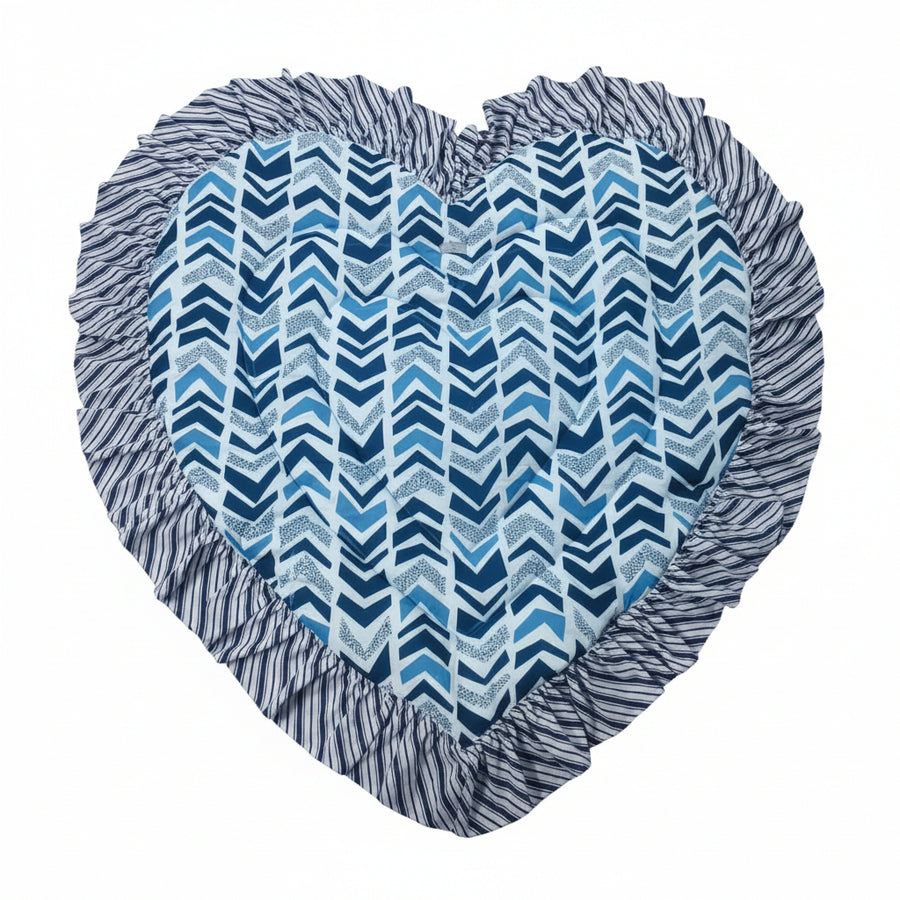 Little Trail heart quilted baby mat in indigo chevron block print with striped ruffle