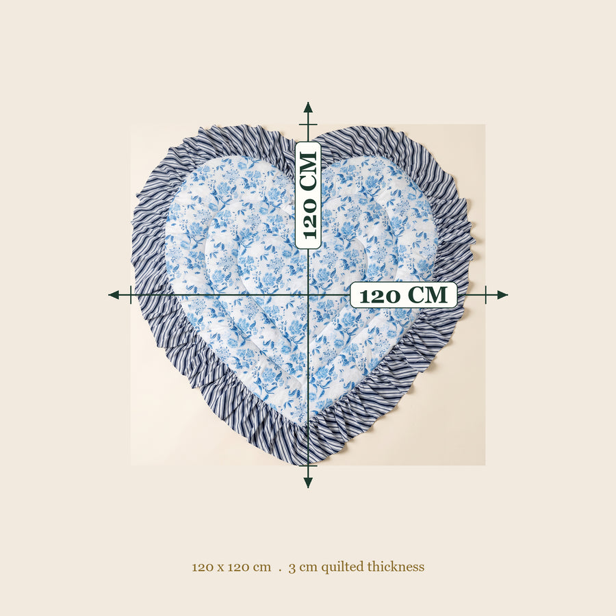 Size chart: Heart Quilted Baby Mat measures 120 x 120 cm with 3 cm quilted thickness, blue floral print