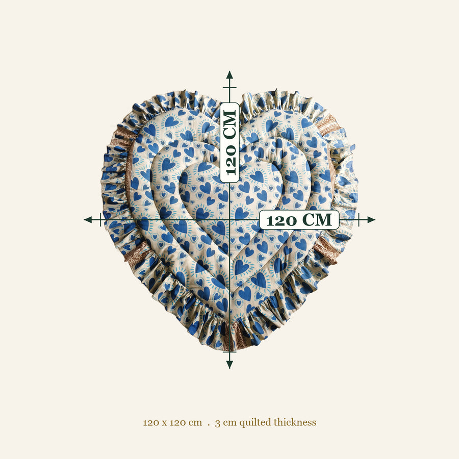 Size chart: Heart Quilted Baby Mat measures 120 x 120 cm with 3 cm quilted thickness, indigo hearts print