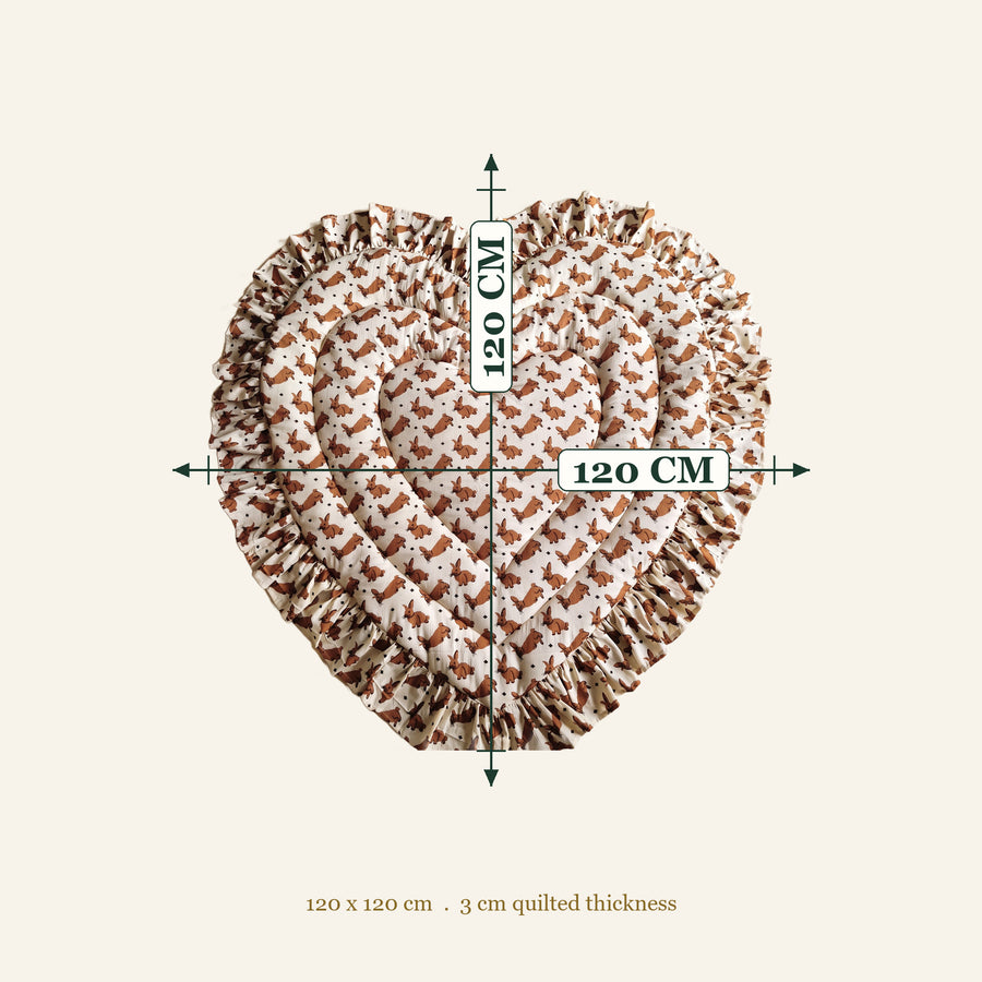 Size chart: Heart Quilted Baby Mat measures 120 x 120 cm with 3 cm quilted thickness, woodland bunny print