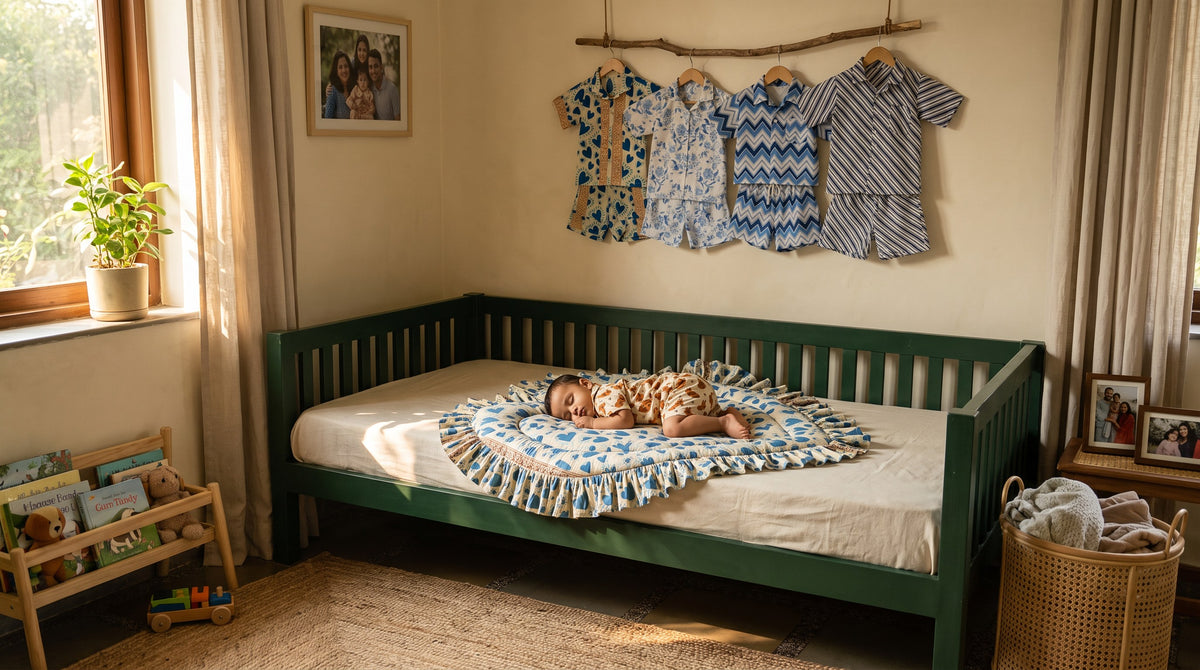 A baby sleeping on the Kabira heart quilted mat in a sunlit nursery
