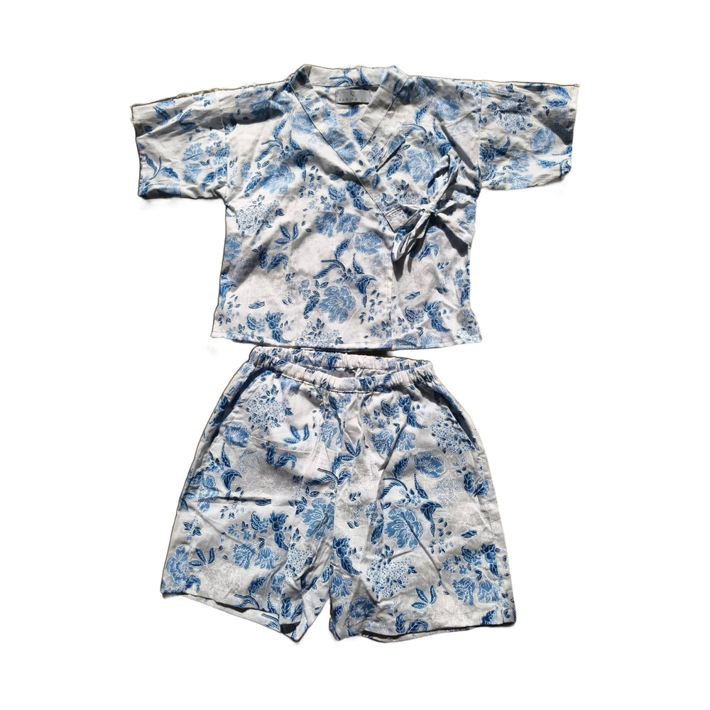 Little Bloom Cotton Kimono Set for kids, blue floral hand block print, wrap top and matching shorts