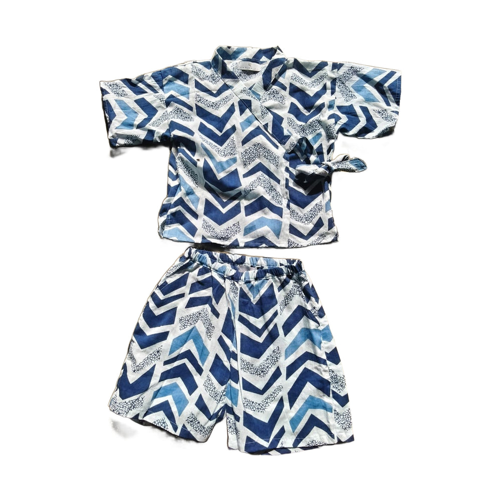Little Trail Cotton Kimono Set for kids, indigo chevron hand block print, wrap top and matching shorts