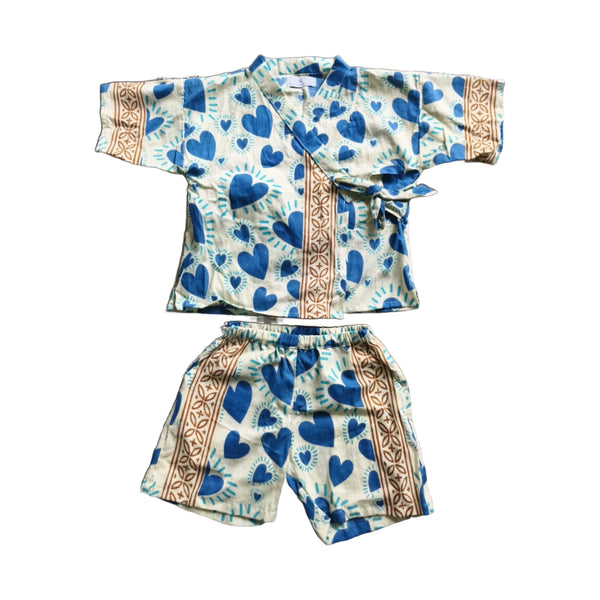 Little Heart Cotton Kimono Set for kids, blue heart hand block print with rust border, wrap top and matching shorts