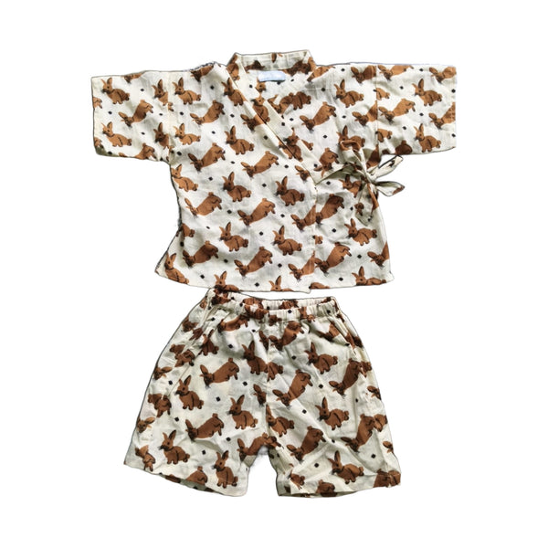 Little Bunny Cotton Kimono Set for kids, woodland bunny hand block print, wrap top and matching shorts