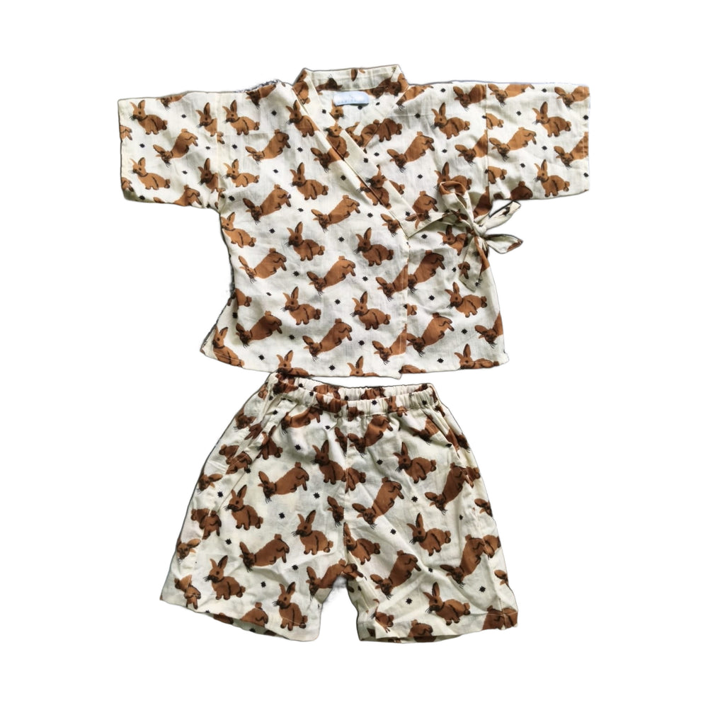 Little Bunny Cotton Kimono Set for kids, woodland bunny hand block print, wrap top and matching shorts