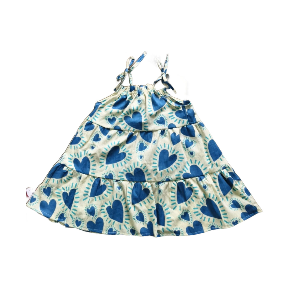 Little Heart tiered cotton frock for kids, blue heart hand block print with tie shoulders