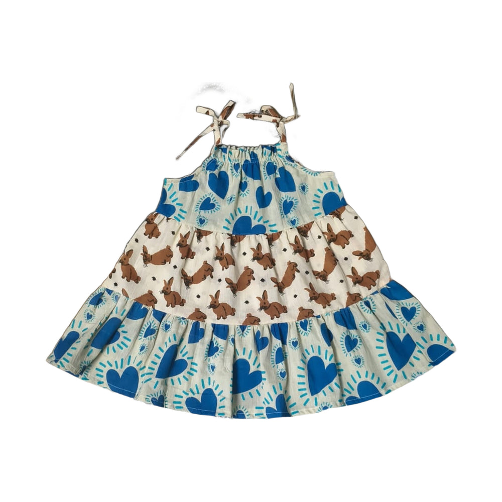 Little Wander tiered cotton frock for kids mixing blue heart and woodland bunny hand block prints