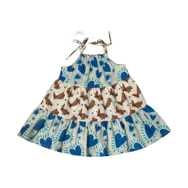 Little Wander tiered cotton frock for kids mixing blue heart and woodland bunny hand block prints