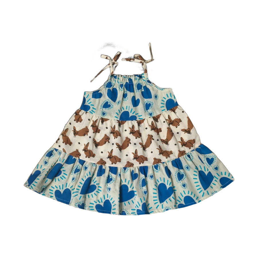 Little Wander tiered cotton frock for kids mixing blue heart and woodland bunny hand block prints