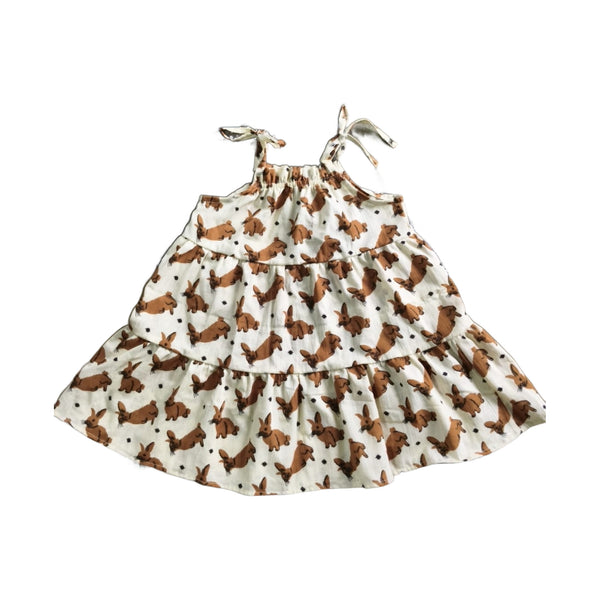 Little Bunny tiered cotton frock for kids, woodland bunny hand block print with tie shoulders