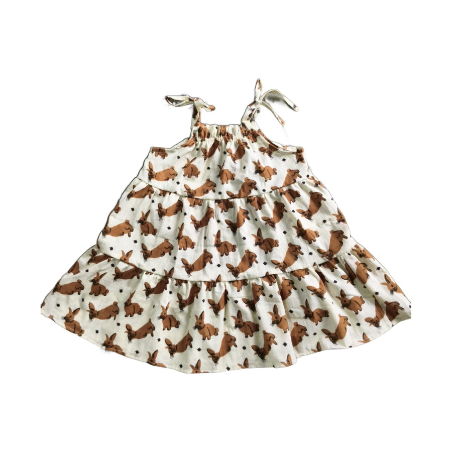 Little Bunny tiered cotton frock for kids, woodland bunny hand block print with tie shoulders