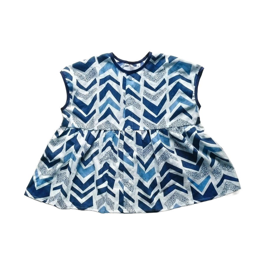 Little Twirl cotton short dress for kids in indigo chevron hand block print