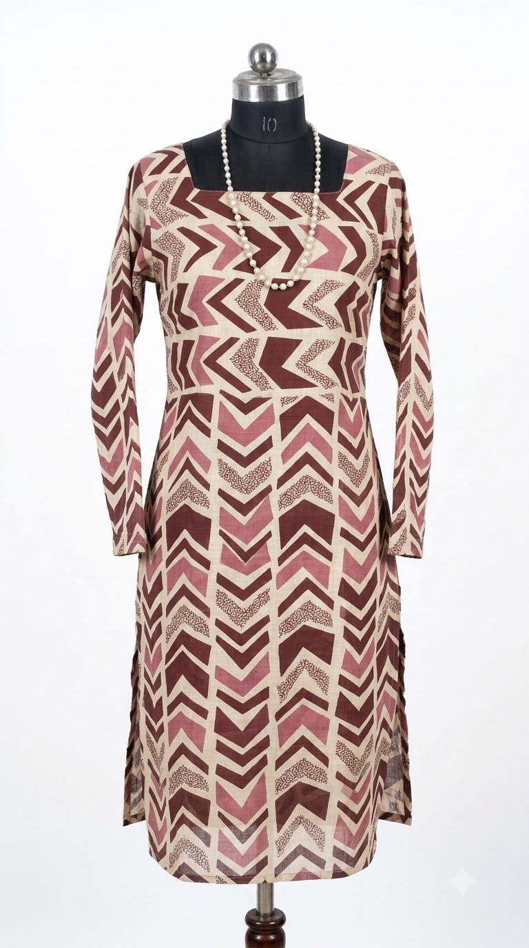 Kabira Rosewood Chevron Cotton Kurta front view with square neckline