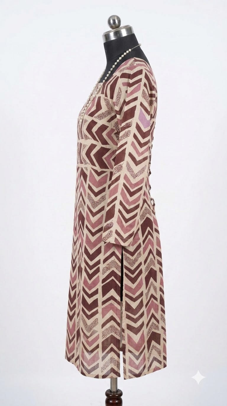 Side view of the Kabira Rosewood Chevron Cotton Kurta showing the side slit