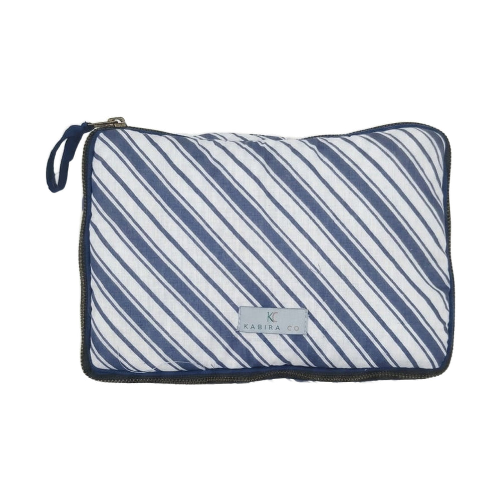 Kabira hand block printed quilted travel pouch in navy stripe with corded zip