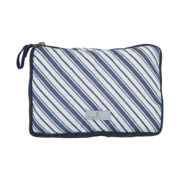 Kabira hand block printed quilted travel pouch in navy stripe with corded zip